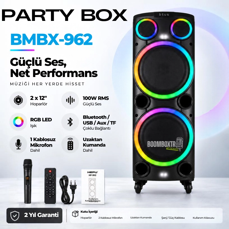 HEPU HP-962 Bluetooth Partybox Hoparlör 2x12 İnç 100 w RMS