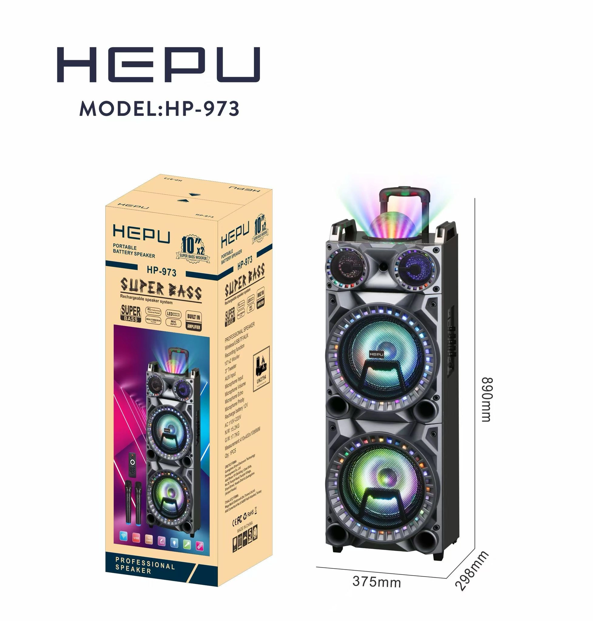 HEPU HP-973 Bluetooth Süper Bass Parti Hoparlör – 2x10” Woofer, RGB Işık, Kablosuz Mikrofon, Şarjlı