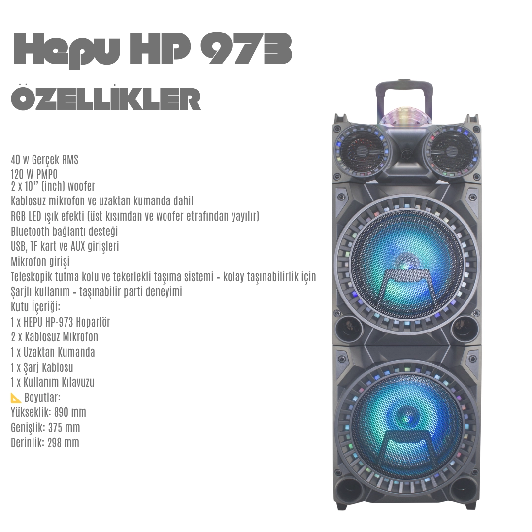 HEPU HP-973 Bluetooth Süper Bass Parti Hoparlör – 2x10” Woofer, RGB Işık, Kablosuz Mikrofon, Şarjlı
