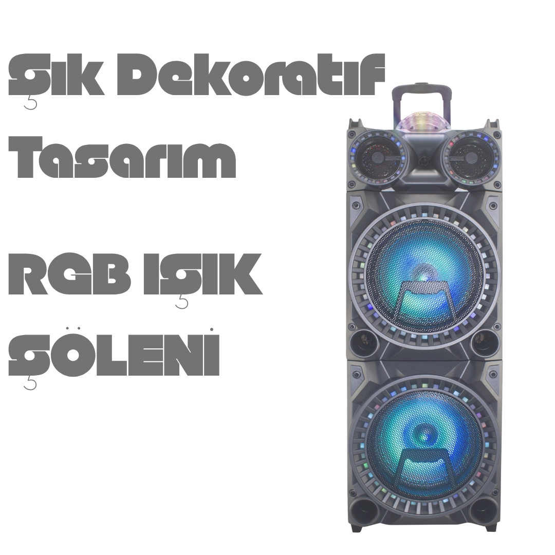 HEPU HP-973 Bluetooth Süper Bass Parti Hoparlör – 2x10” Woofer, RGB Işık, Kablosuz Mikrofon, Şarjlı