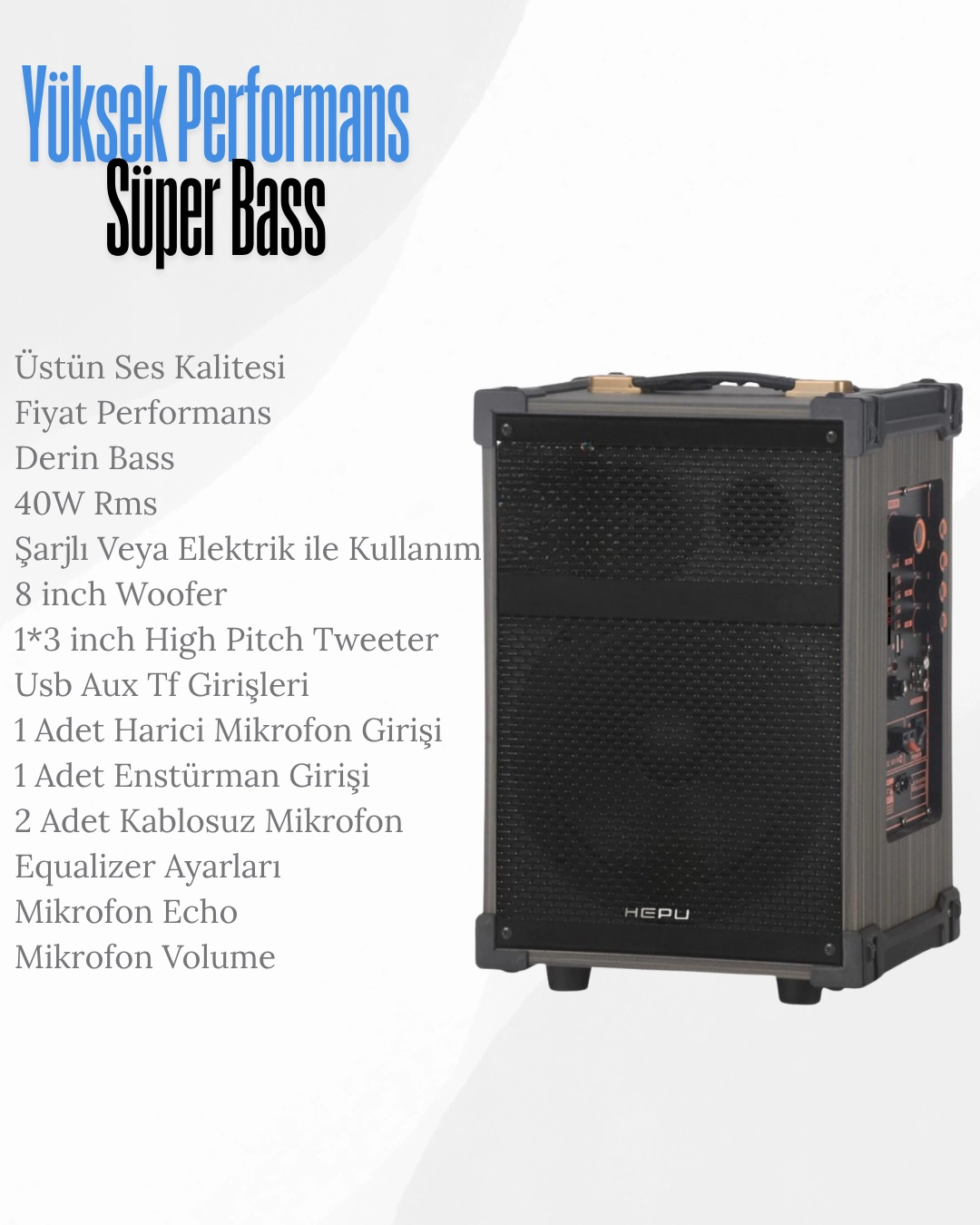 HEPU HP-976 Taşınabilir Party Speaker | 40W Bluetooth Hoparlör | 8” Bass | 2 Kablosuz Mikrofon