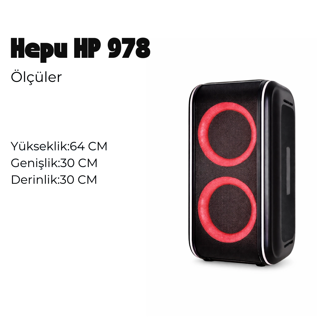 HEPU HP-978 Şarjlı Taşınabilir Bluetooth Parti Hoparlörü – 30W RMS Güçlü Ses, Çift 6 İnç Hoparlör, Mikrofon ve Enstrüman Girişli