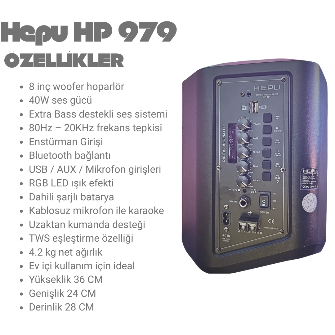 HEPU HP-979 8 İnç Bluetooth Partybox Hoparlör 40W Extra Bass Karaoke Mikrofonlu