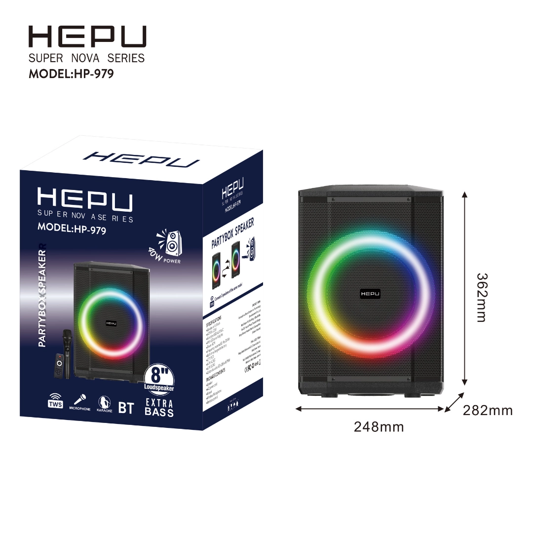 HEPU HP-979 8 İnç Bluetooth Partybox Hoparlör 40W Extra Bass Karaoke Mikrofonlu