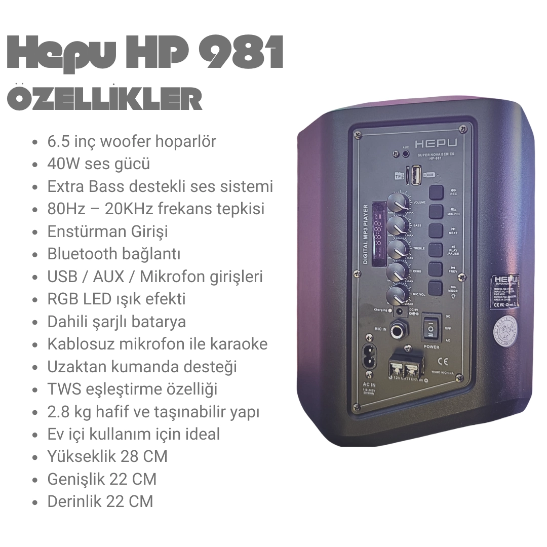 HEPU HP-981 Karaoke Bluetooth Speaker 6.5” Woofer Güçlü Bass TWS