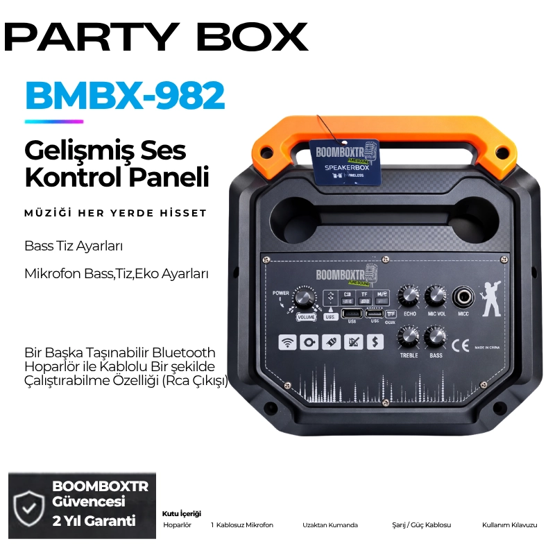 HEPU HP-982 Partybox Bluetooth Hoparlör – 3×8” Hoparlör, 30W Güç, RGB Işık, TWS Destekli