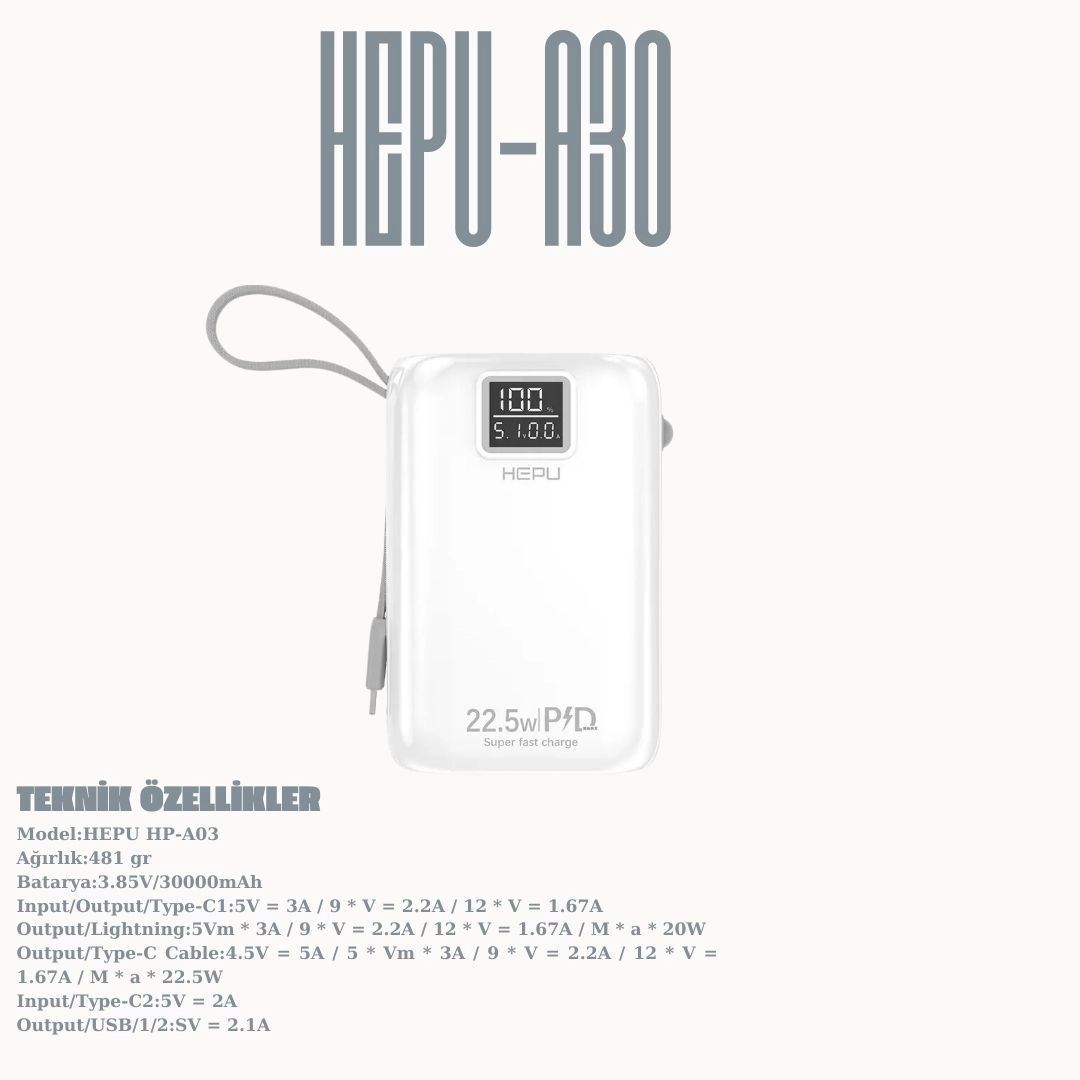 Hepu HP A-03 30.000 mAh Power Bank 22.5W PD Hızlı Şarj 1 To 6