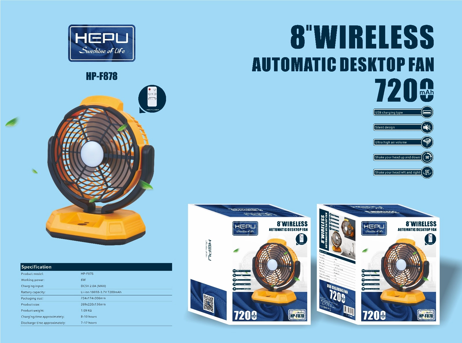 Hepu HP F878 Kablosuz Masaüstü Vantilatör | 7200 mAh