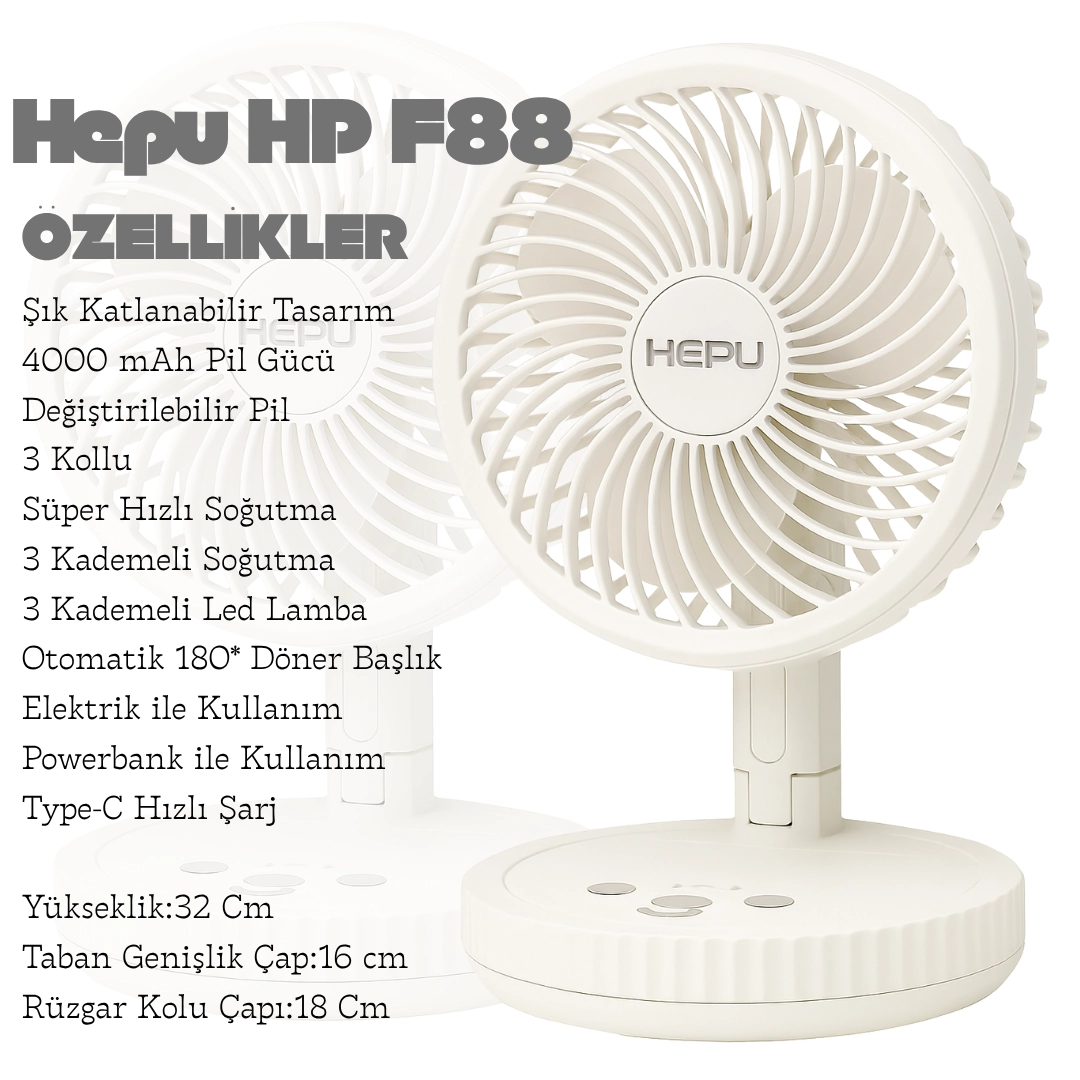 Hepu HP F88 Katlanır Şarjlı Masaüstü Fan | 4000 mAh