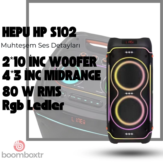 Hepu HP 102 Taşınabilir Şarjlı Bluetooth Hoparlör 2*10 inc Subwoofer Ultra Bass Muhteşem Ses Detayları Rgb Efektif Aydınlatma Usb Aux Tf 