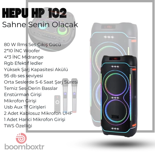 Hepu HP 102 Taşınabilir Şarjlı Bluetooth Hoparlör 2*10 inc Subwoofer Ultra Bass Muhteşem Ses Detayları Rgb Efektif Aydınlatma Usb Aux Tf 
