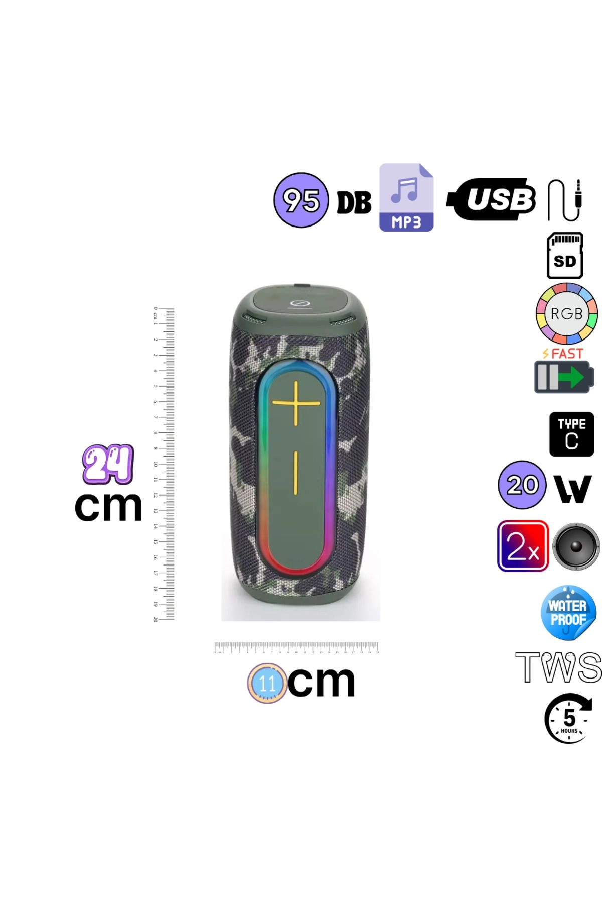 HP-S01 Taşınabilir Şarjlı Bluetooth Hoparlör  3000 Mah Rgb Aux.usb.tf 20w Rms TWS Type-c Şarj