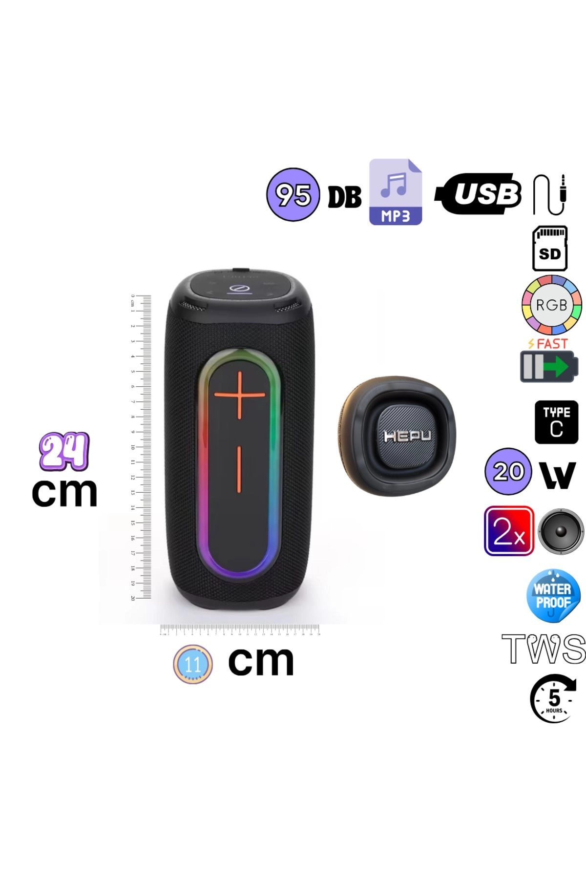 HP-S01 Taşınabilir Şarjlı Bluetooth Hoparlör  3000 Mah Rgb Aux.usb.tf 20w Rms TWS Type-c Şarj