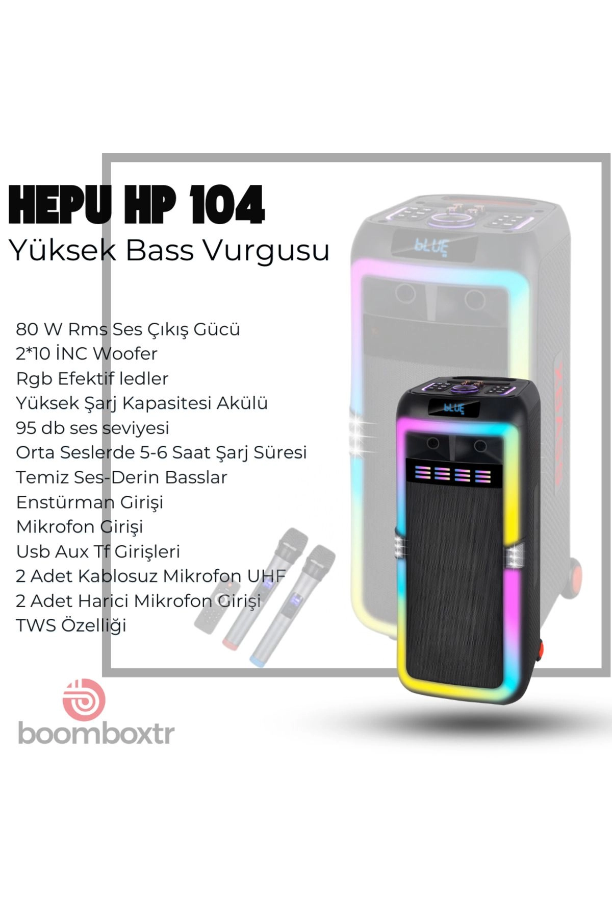 HP 104 Taşınabilir Bluetooth Hoparlör 80 w Rms 2*10 inc Subwoofer Ultra Bass
