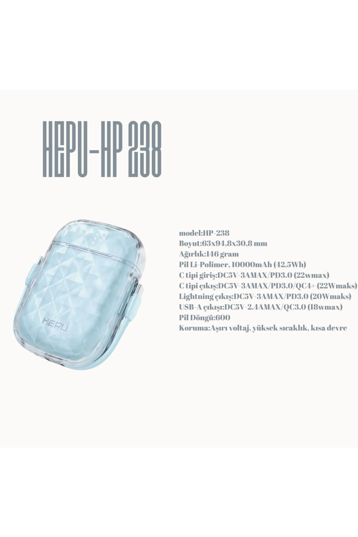 HP-238 10.000 mAh Powerbank PD3 PPS 22W 1 TO 5