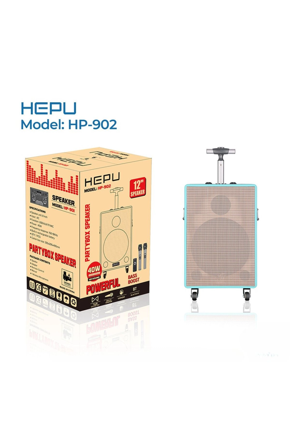 HP 902 Taşınabilir 40w Rms Bluetooth Hoparlör 12 inc Woofer Usb,Aux,Tf 2 Adet Kablosuz Mikrofon