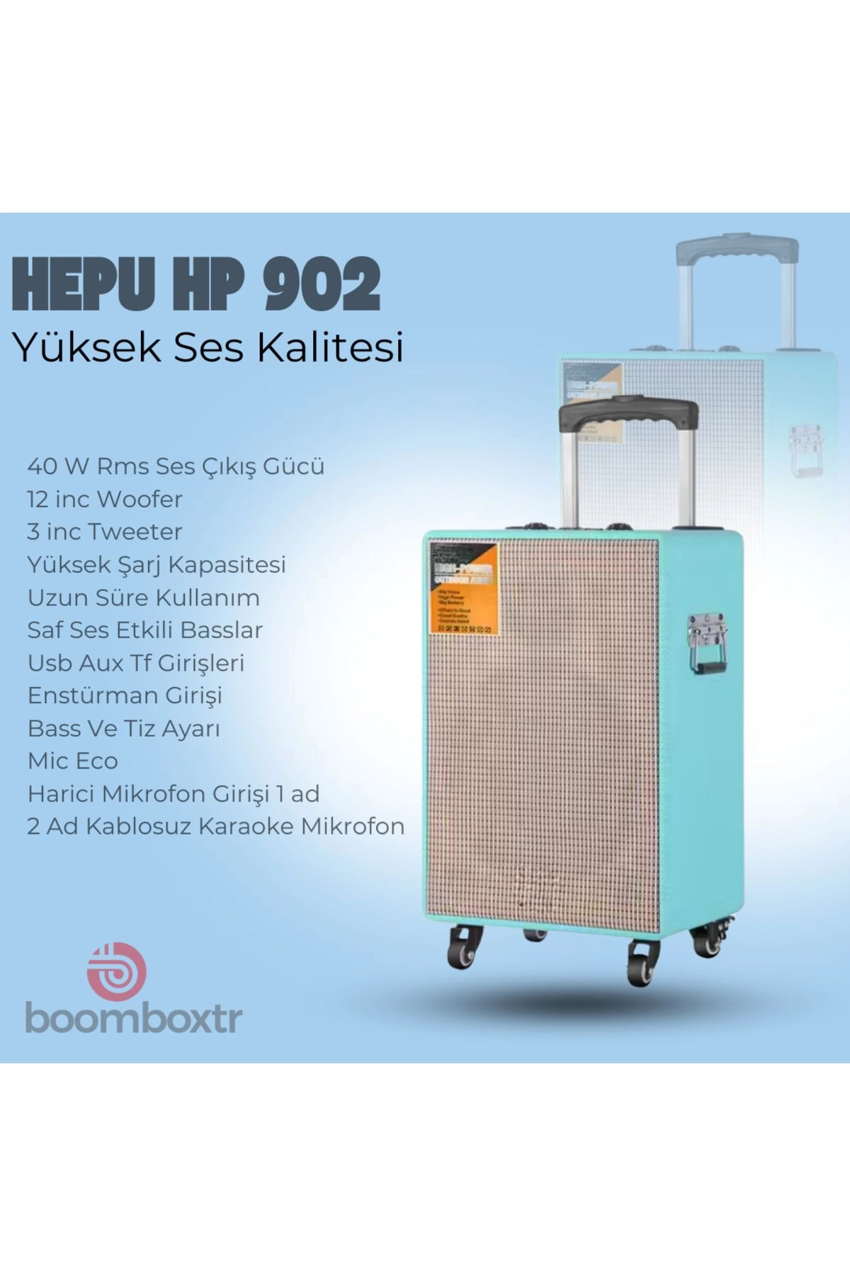 HP 902 Taşınabilir 40w Rms Bluetooth Hoparlör 12 inc Woofer Usb,Aux,Tf 2 Adet Kablosuz Mikrofon