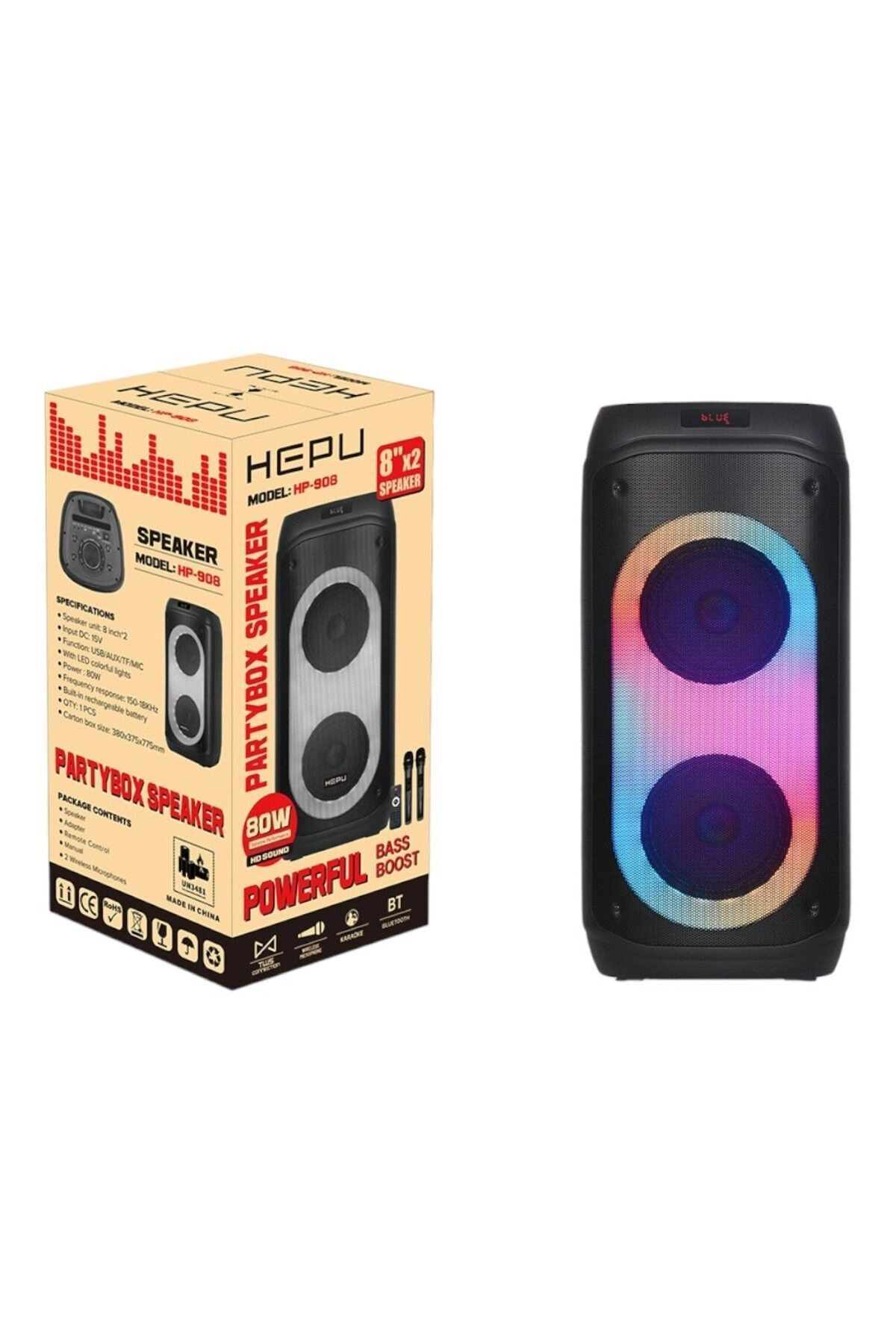 HP 908 Taşınabilir Şarjlı 80 w 2*8 inch Bluetooth Parti Hoparlörü Bass boost