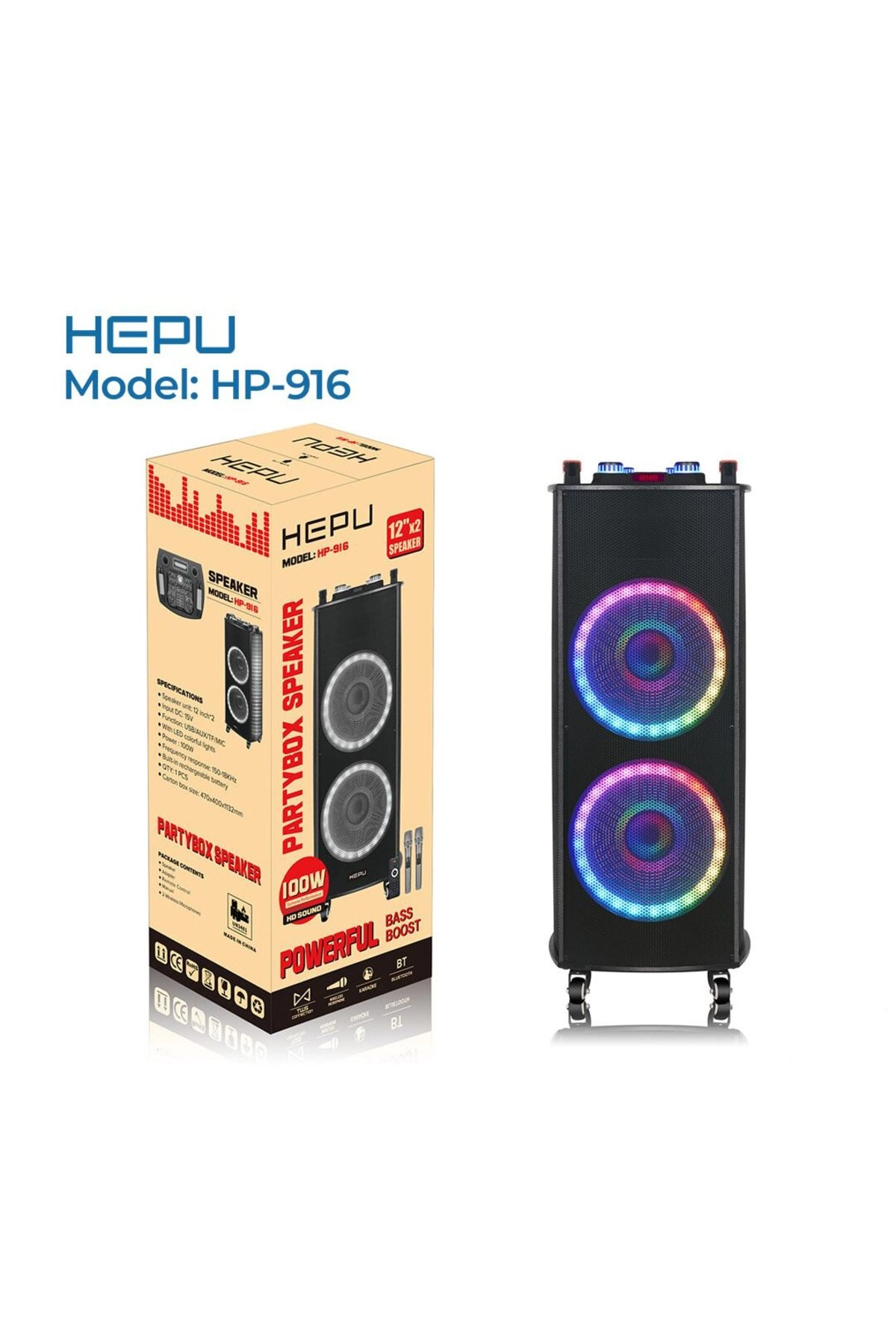 HP 916 Taşınabilir Şarjlı Bluetooth Büyük Boy Parti Hoparlörü 100w Rms 2*12 inc Woofer