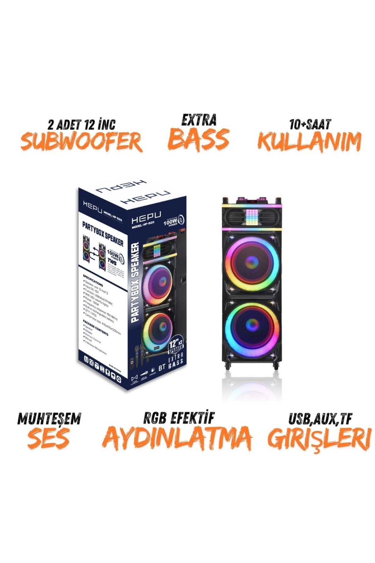 Hepu Hp 928 Taşınabilir Şarjlı Ahşap Bluetooth Parti Hoparlörü 100 w 12 inc*2 Subw Super Bass