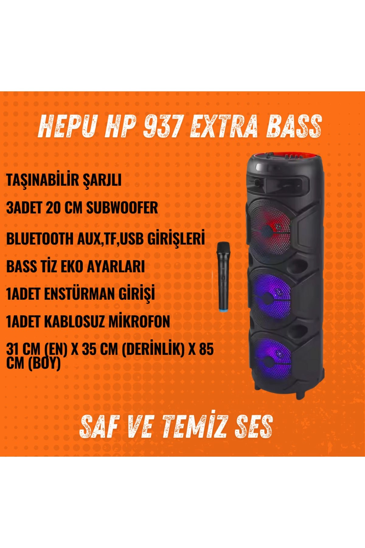 HP 937 Taşınabilir Bluetooth Hoparlör 3*8 İnc Subwoofer Kablosuz Mikrofon Karaoke Usb,Aux,Tf