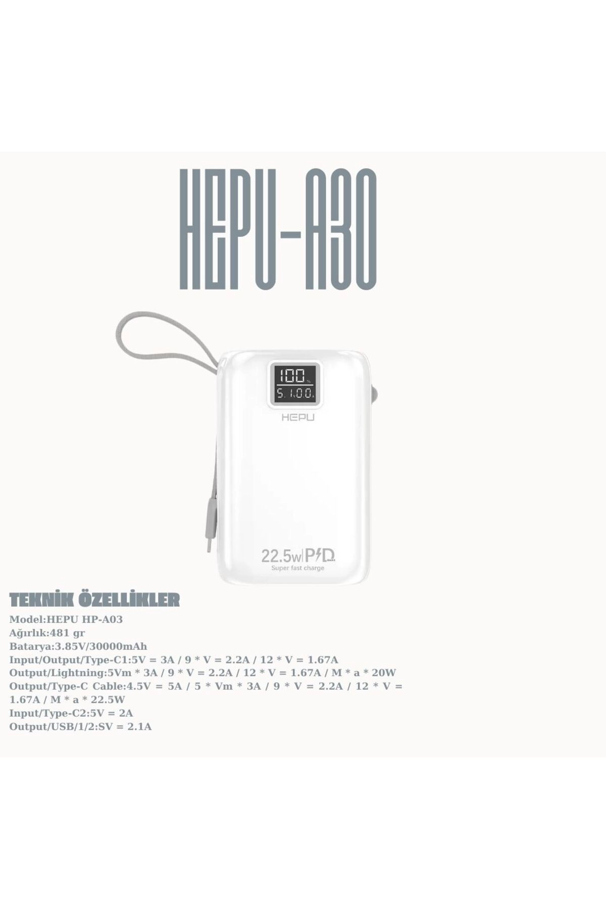 HP A-03 30.000 mAh Power Bank 22.5W PD Hızlı Şarj 1 To 6