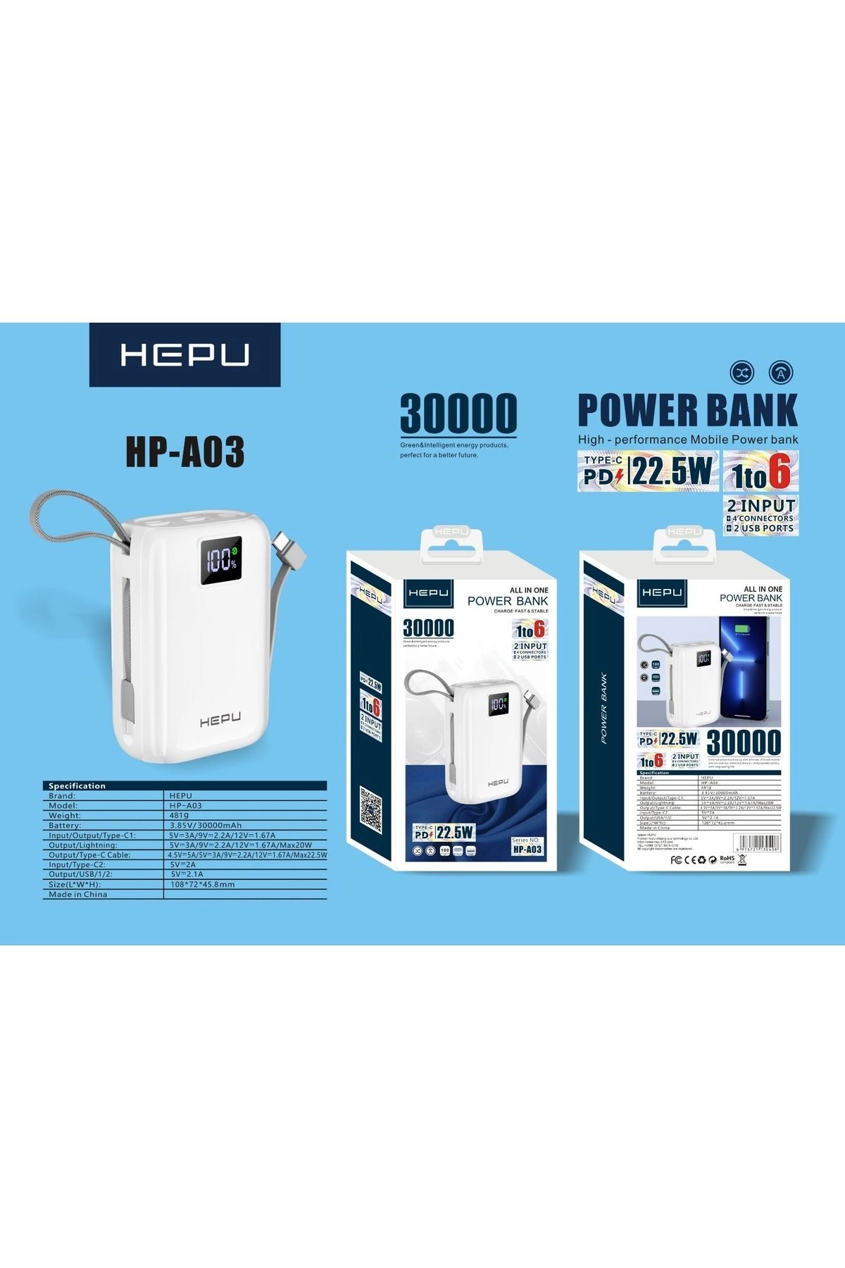 HP A-03 30.000 mAh Power Bank 22.5W PD Hızlı Şarj 1 To 6