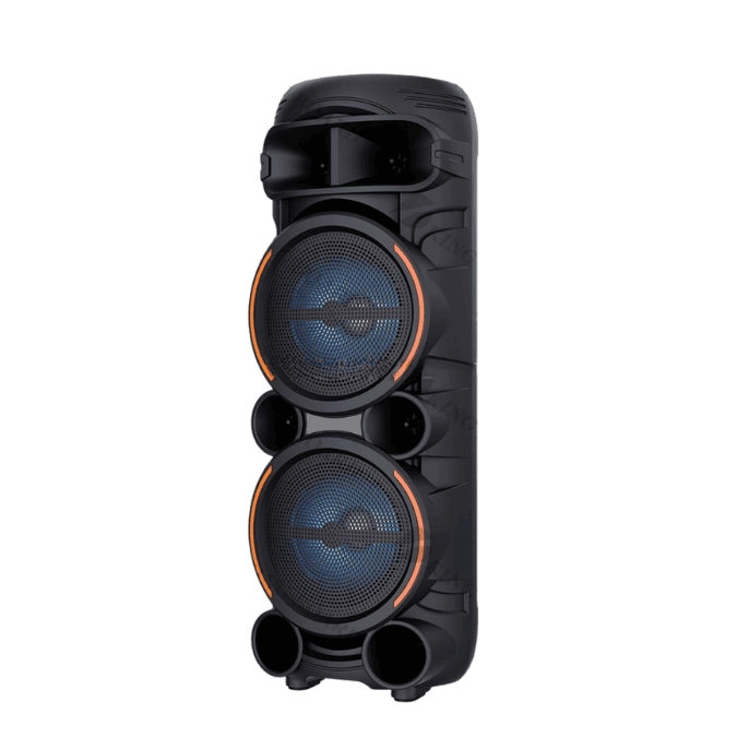 KTS 2058 hoparlör, 30W RMS güçlü ses, 2x8” woofer, RGB LED ışık, USB/TF giriş ve 2 kablosuz mikrofon