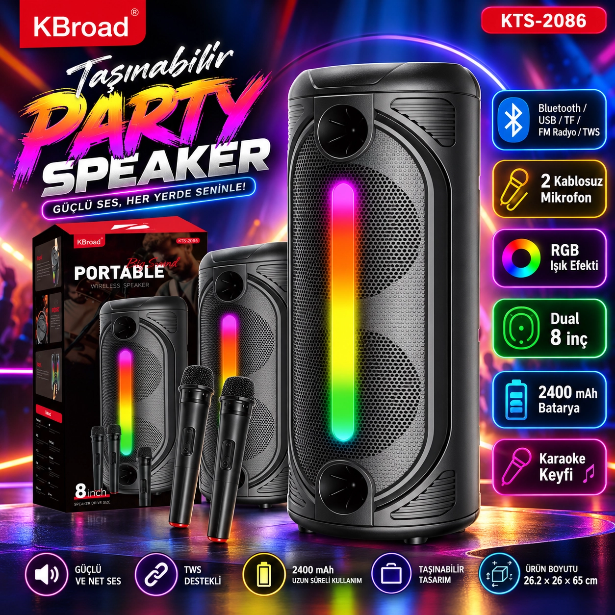 KTS-2086 Taşınabilir Bluetooth Party Hoparlör 30W RMS Dual 8 İnç RGB Işıklı 2 Kablosuz Mikrofonlu TWS USB TF