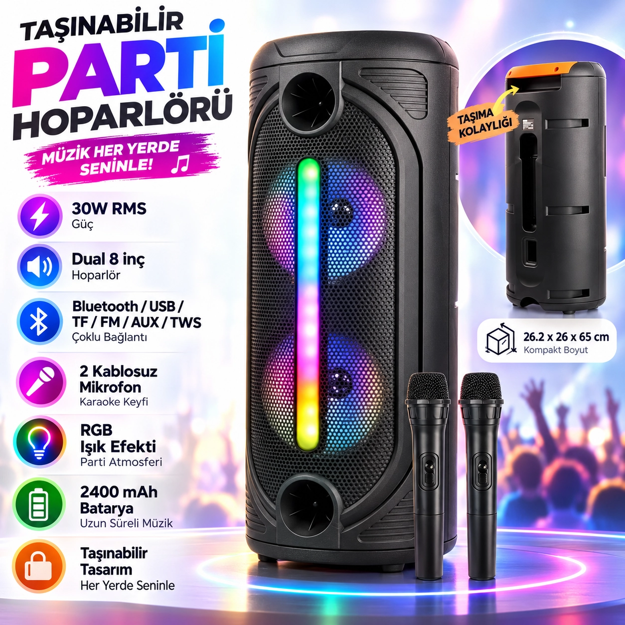 KTS-2086 Taşınabilir Bluetooth Party Hoparlör 30W RMS Dual 8 İnç RGB Işıklı 2 Kablosuz Mikrofonlu TWS USB TF