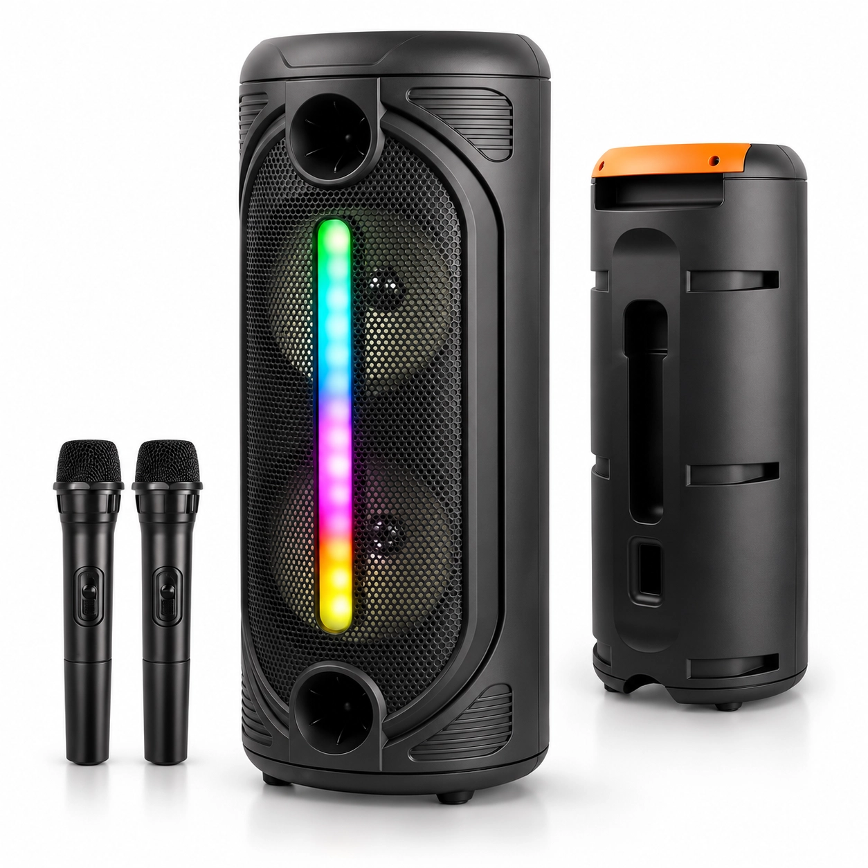 KTS-2086 Taşınabilir Bluetooth Party Hoparlör 30W RMS Dual 8 İnç RGB Işıklı 2 Kablosuz Mikrofonlu TWS USB TF
