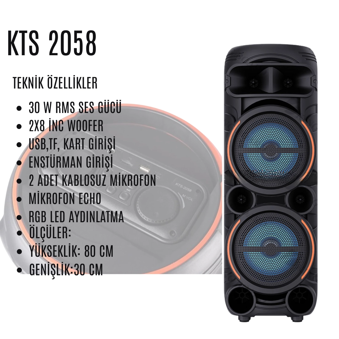 KTS 2058 hoparlör, 30W RMS güçlü ses, 2x8” woofer, RGB LED ışık, USB/TF giriş ve 2 kablosuz mikrofon