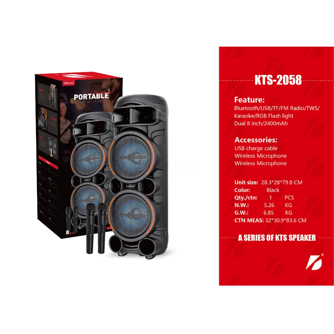 KTS 2058 hoparlör, 30W RMS güçlü ses, 2x8” woofer, RGB LED ışık, USB/TF giriş ve 2 kablosuz mikrofon