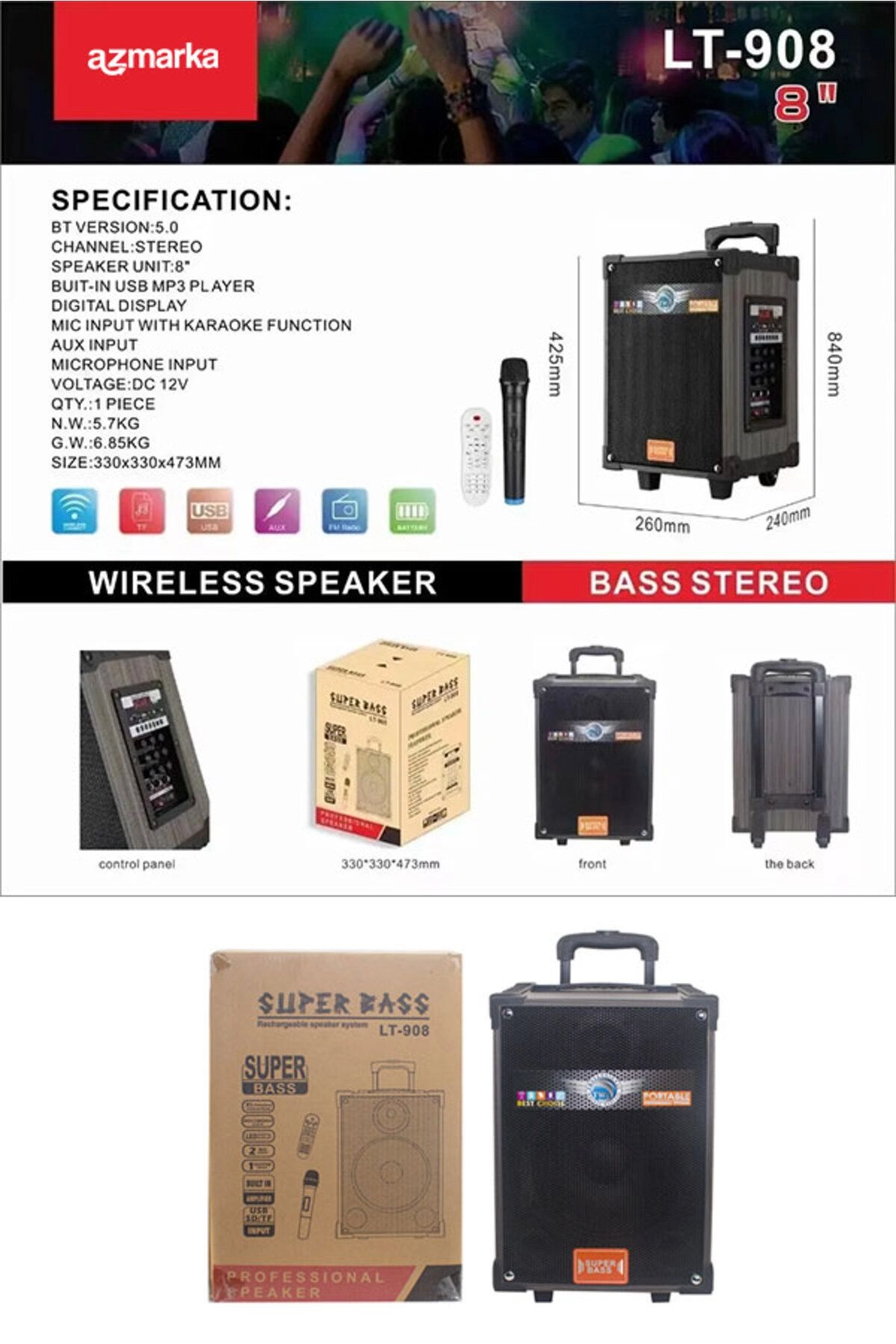 Süper Bass Şarjlı Telsiz Mikrofonlu Amfi Sistemi-Bt-Sd-Usb Lt-908 Model