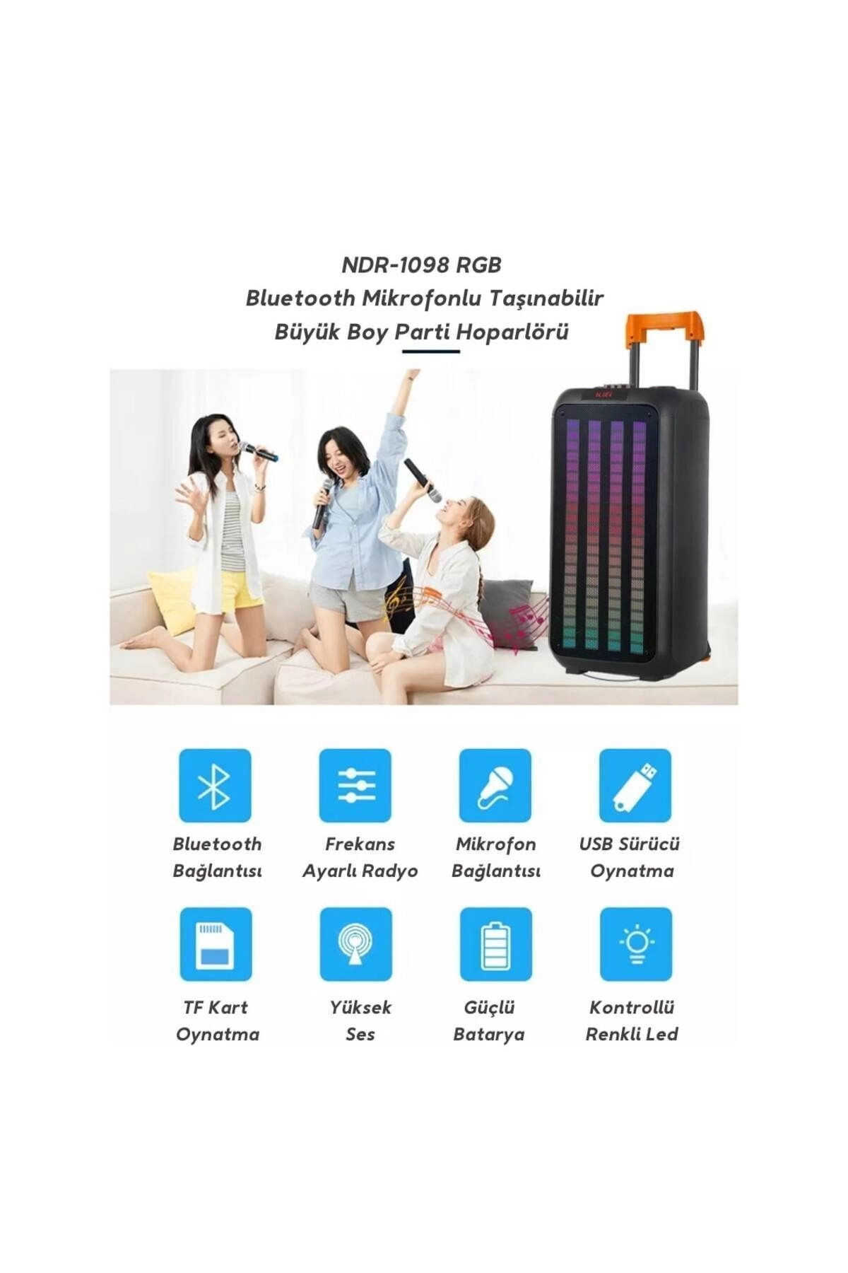 Boomboxtr Ndr-1098 Şarjlı Taşınabilir Bluetooth Amfi Parti Hoparlörü Rgb Efekt Rms 80 w 2*8 inc