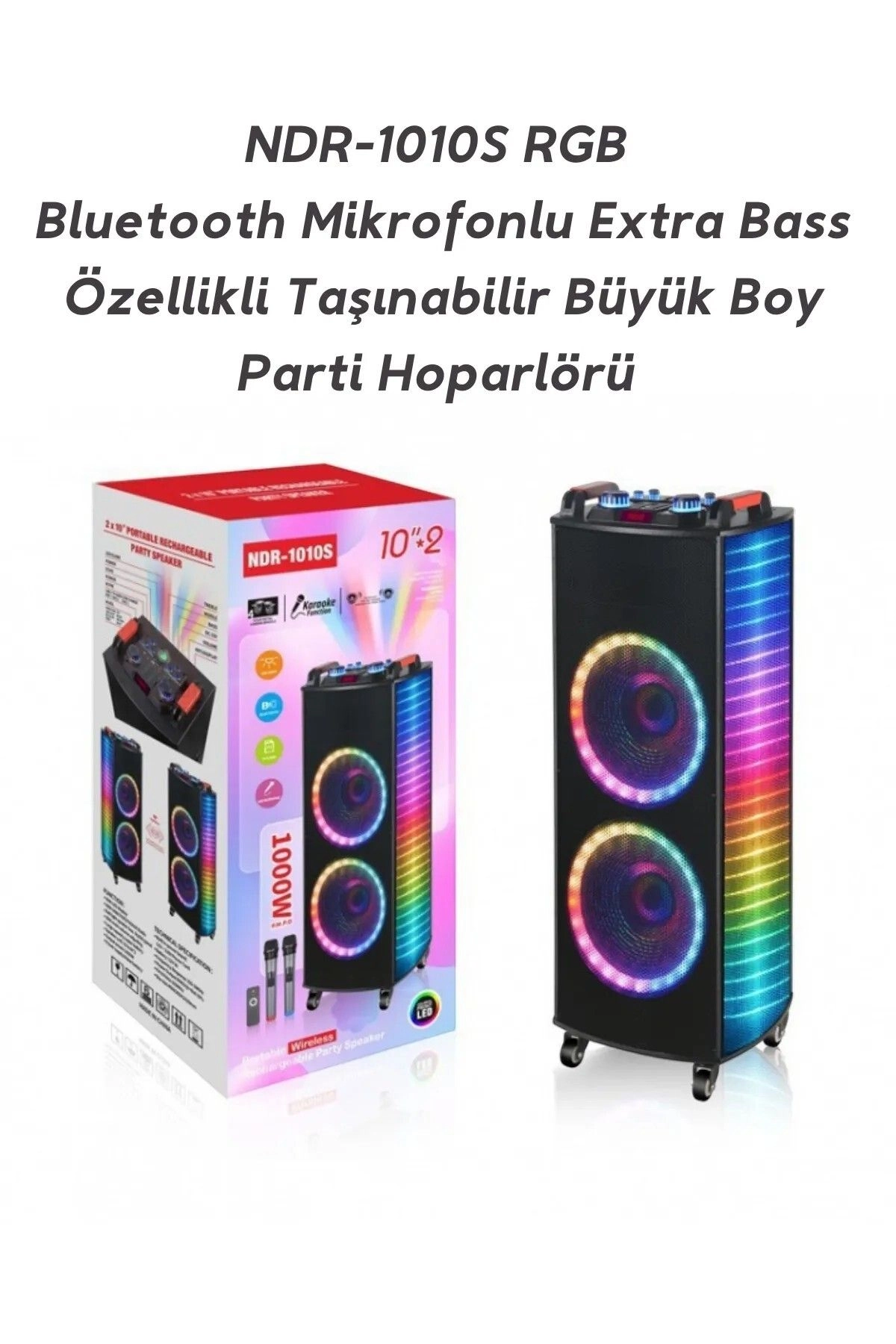 NDR A1010S Taşınabilir Şarjlı Bluetooth  Parti Hoparlörü Rms 100w 2*10 inc Hoparlör  Karaoke