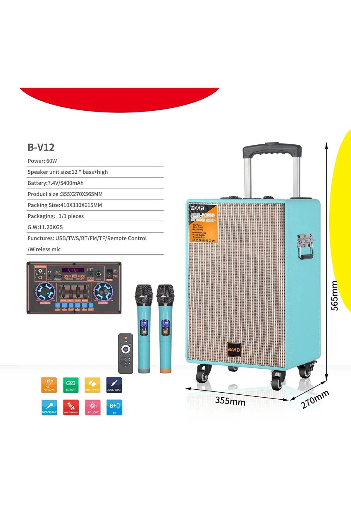 Boomboxtr NDR-BV12 Taşınabilir Bluetooth Amfi  Parti  Hoparlörü Rms 60 w 12 inc Subwoofer