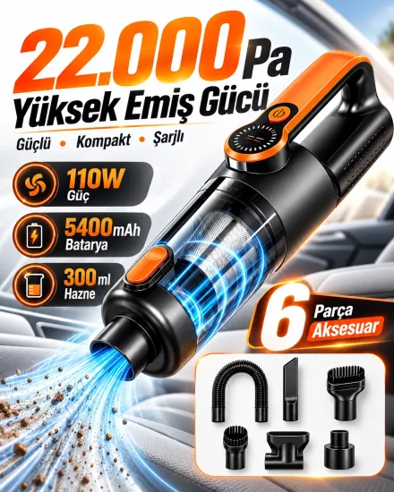 22.000 Pa 110W Kablosuz Araç İçi El Süpürgesi