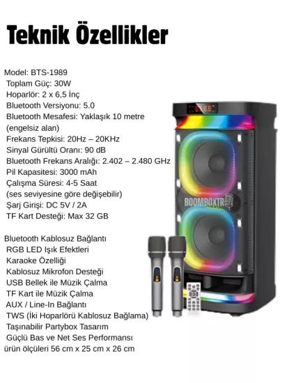 BTS-1989  Bluetooth Hoparlör 30W RMS TWS USB AUX