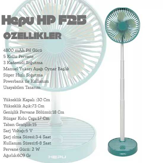 Hepu HP F25 Taşınabilir Şarjlı Vantilatör 4800 mAh