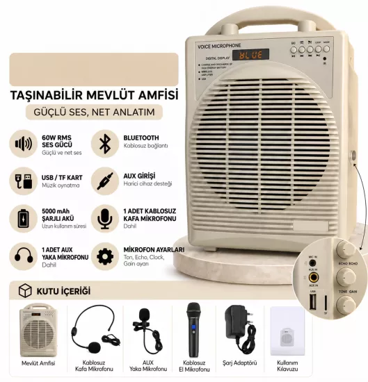 Taşınabilir Mevlüt Amfisi Bluetooth 3 Mikrofonlu 