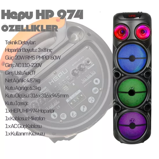 HEPU HP 974 Bluetooth Parti Hoparlörü 3*8 inc 20 w Rms