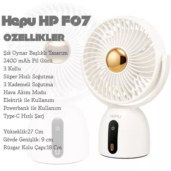 Hepu HP F07 Şarjlı Masaüstü Fan | 2400 mAh | Type-C