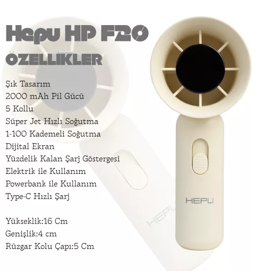 Hepu HP F20 El Tipi Şarjlı Fan | Dijital Ekranlı