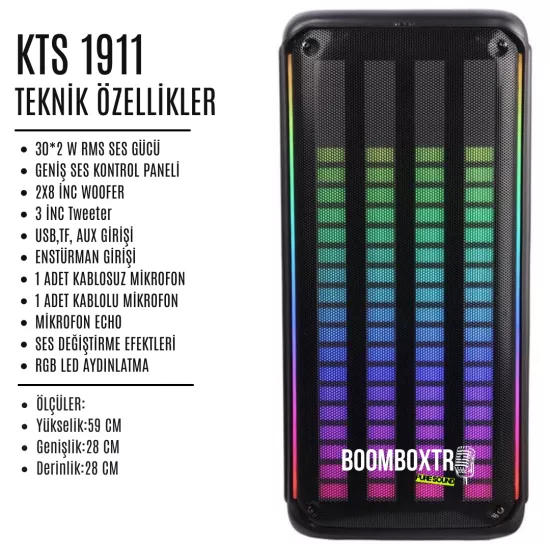 KTS 1911 Bluetooth Hoparlör | 60W | 2x8” Woofer