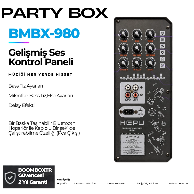 HEPU HP-980 Partybox Bluetooth Hoparlör – 8” Hoparlör, 60W Güç, RGB Işık, TWS Destekli