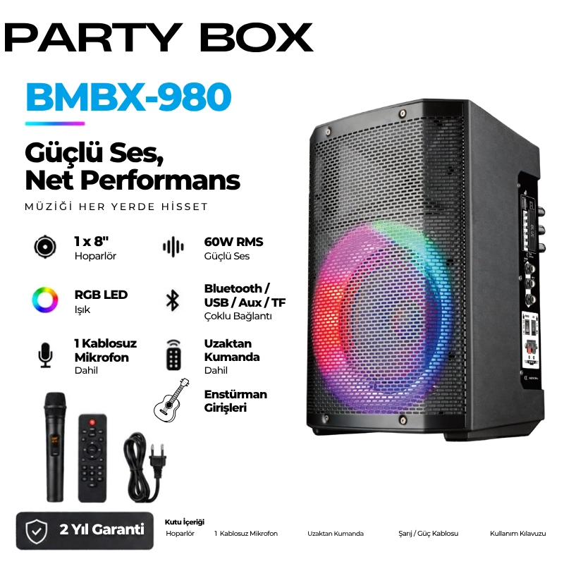 HEPU HP-980 Partybox Bluetooth Hoparlör – 8” Hoparlör, 60W Güç, RGB Işık, TWS Destekli
