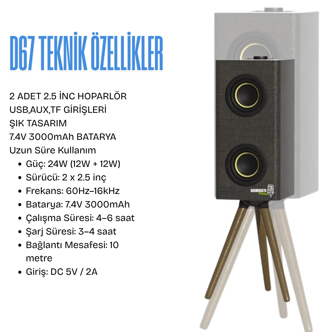 Retro D67 Bluetooth Hoparlör 24W | Ahşap Ayaklı Şık Tasarım | Uzun Pil Ömrü | USB AUX TF Girişli