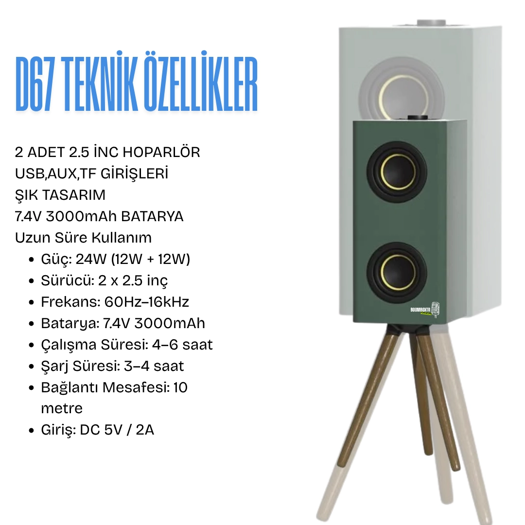Retro D67 Bluetooth Hoparlör 24W | Ahşap Ayaklı Şık Tasarım | Uzun Pil Ömrü | USB AUX TF Girişli