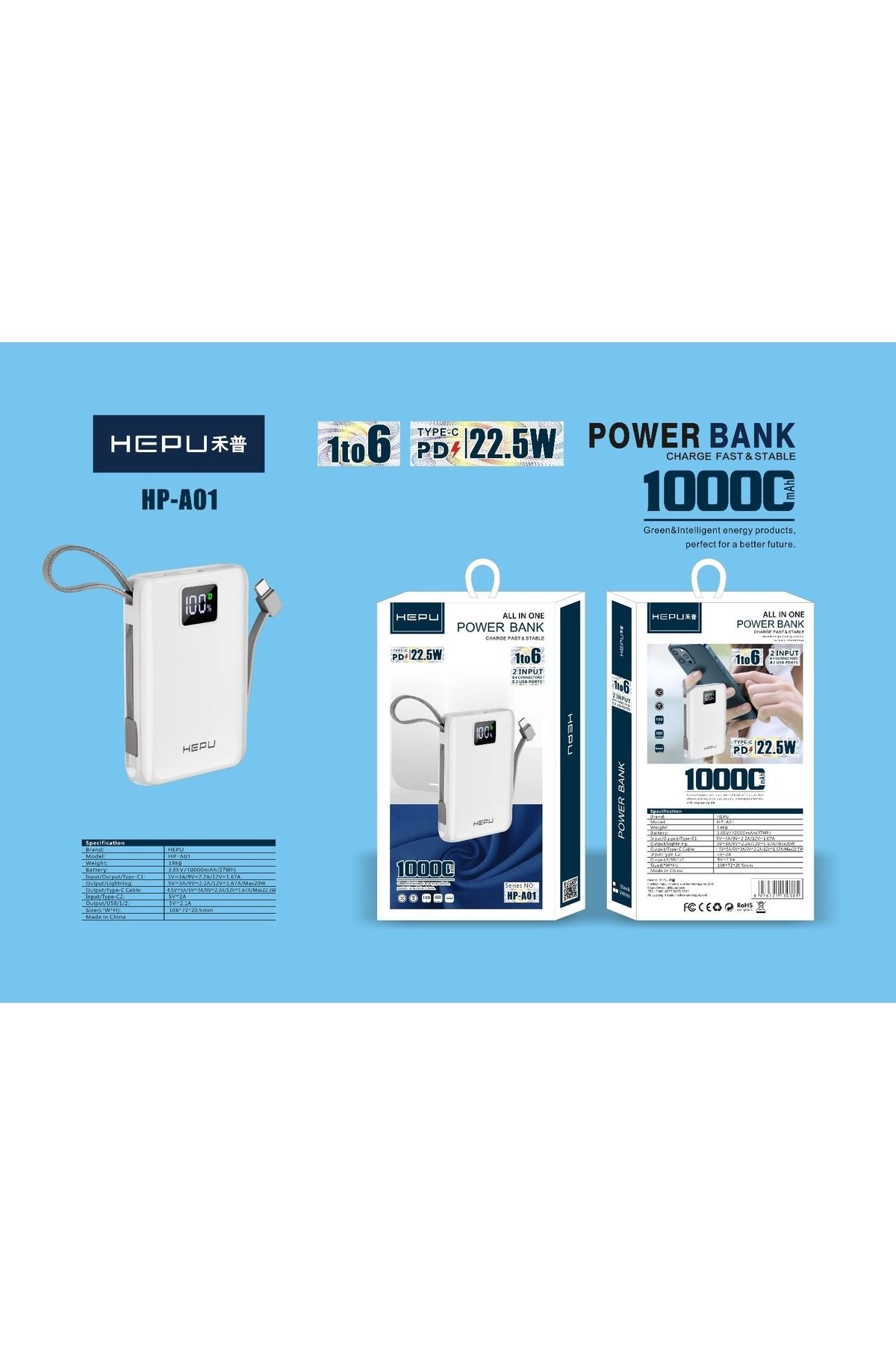 HP-A01 Power Bank 10.000 mAh PD 22.5 W 1 TO 6